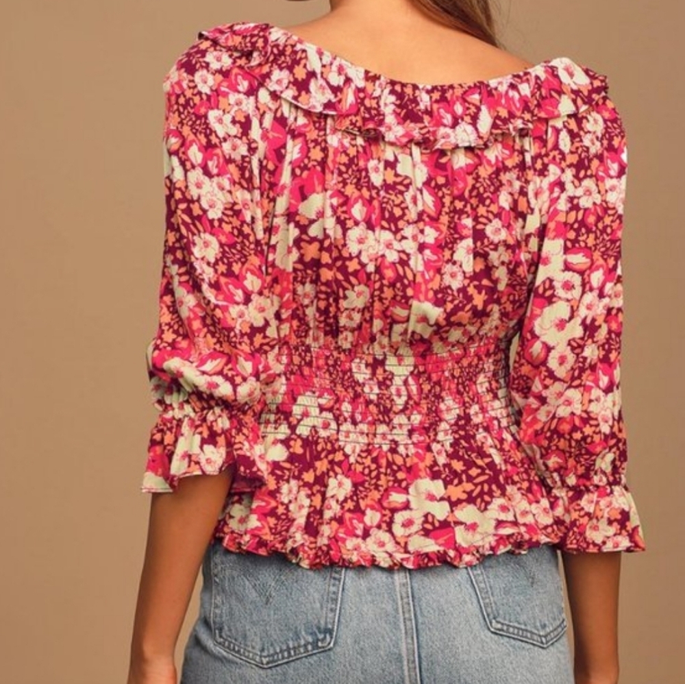 FREE PEOPLE Sweet Memories Pink Multi Floral Print Ruffled Blouse Sz M Boho - Picture 3 of 16